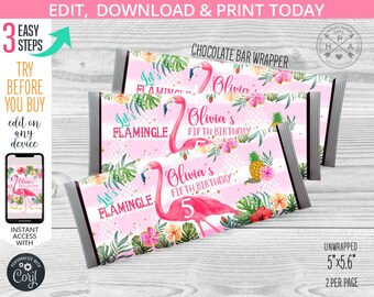 Flamingo chocolate bar wrapper any age birthday celebration favor let's flamingle pineapple tropical party. Editable template. 044HPA 32 A