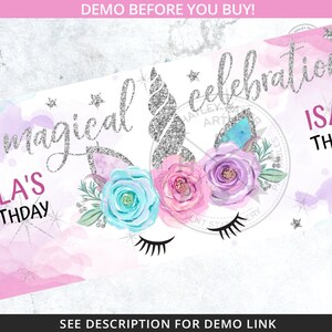 K&ouml;nnte beinhalten: Ein wei&szlig;es Banner mit einem silbernen Glitzer-Einhornhorn und Blumen. Der Text "magical celebration" ist in silbernen Glitzerbuchstaben. Der Text "LA'S THDAY" ist in schwarzen Buchstaben. Das Banner ist mit Aquarell-Blumen in Rosa-, Blau- und Lilat&ouml;nen verziert.