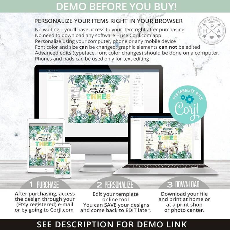 May include: A digital printable design for a birthday party. The design features a jungle theme with a zebra print background, green leaves, and a giraffe, lion, and monkey. The text says "Michael's Wild Three".