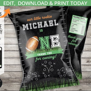 Football chips bag first birthday party favor gridiron team american sports ball game wrapper for snacks. Editable printable. 217HPA 30 A