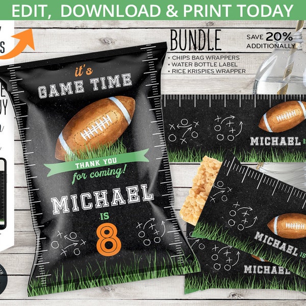 Football party bundle chips bag, football pack, bottle label, krispies wrapper, gridiron ball birthday pack. Editable printables. 217HPA 50