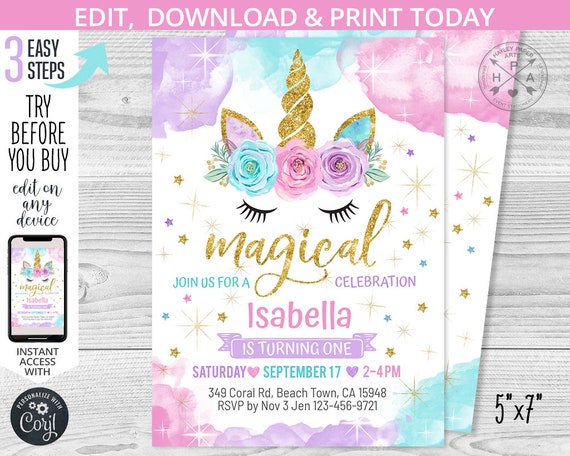 Unicorn first birthday magical invitation purple pink glitter aqua gold girl one magic party invite invitations. Editable template 046HPA 01 Il_570xn