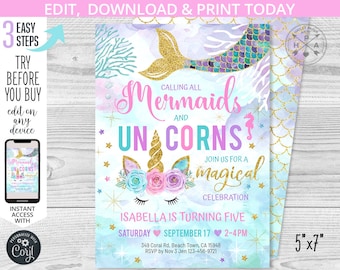 Mermaid and unicorn birthday under the sea magical invitation mermaids kisses unicorns wishes party invite Editable 5x7 printable. 061HPA 03