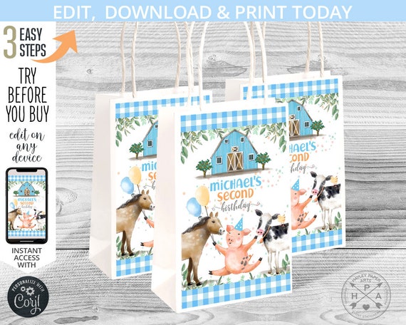 Farm boy birthday small paper bag gift labels. Blue barn animals cowboy handle favor takeway. Instant access to editable template. 151PA 29 Il_570xn
