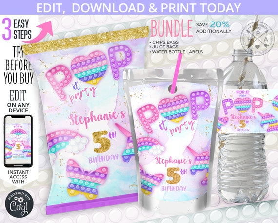 BUNDLE Pop it chips bag wrapper, juice bag sticker, water bottle label, fidget toys party favors birthday. Editable template. 175HPA 43 Il_570xn