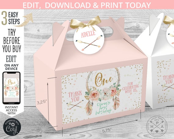 EDITABLE Dreamcatcher first birthday gable gift box labels. Pink pastel handle favor takeway box tags. Editable template. 122HPA 26 B Il_570xn