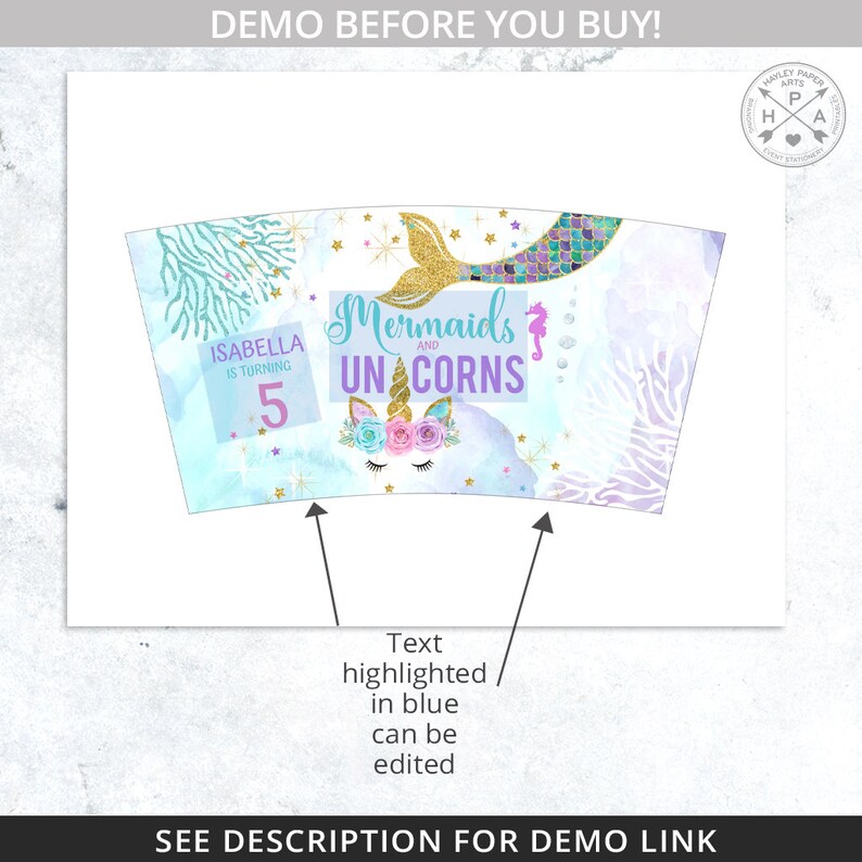 May include: A printable design for a cup wrapper featuring a mermaid and unicorn with the text "Mermaids and Unicorns" and "Isabella is turning 5". The design is on a blue background with gold glitter accents.