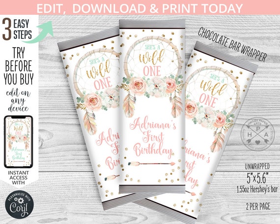 Wild One dreamcatcher chocolate bar wrapper first birthday boho celebration party thank you. Editable template download. 122HPA 14 D Il_570xn