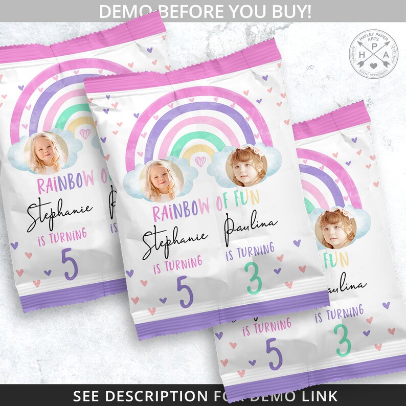 May include: Three purple and pink favor bags with a rainbow design and a cloud with a photo of a child. The text on the bags reads "Rainbow of Fun" and includes the child's name and age.