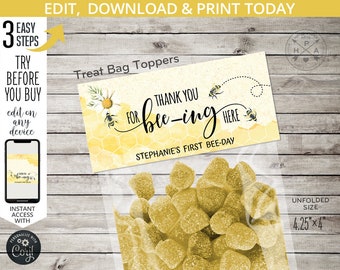 Bee treat bag topper birthday thank you bee-ing treats candy plastic zip hive bags label toppers favors. Editable printable. 059HPA 38 A