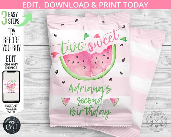 Melon fruit snacks bag, watermelon snacks treat bags, pouch, wrapper, two sweet second birthday party editable template. 050HPA 37 D Il_570xn
