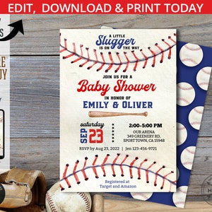Invito baby shower baseball blu navy rosso invito festa ragazzo piccolo battitore principiante festa palla sportiva. Design modificabile per biglietti. 192HPA 01