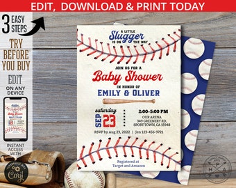 Baseball baby shower invitation navy blue red boy party invite little slugger rookie sports ball party. Editable card design. 192HPA 01