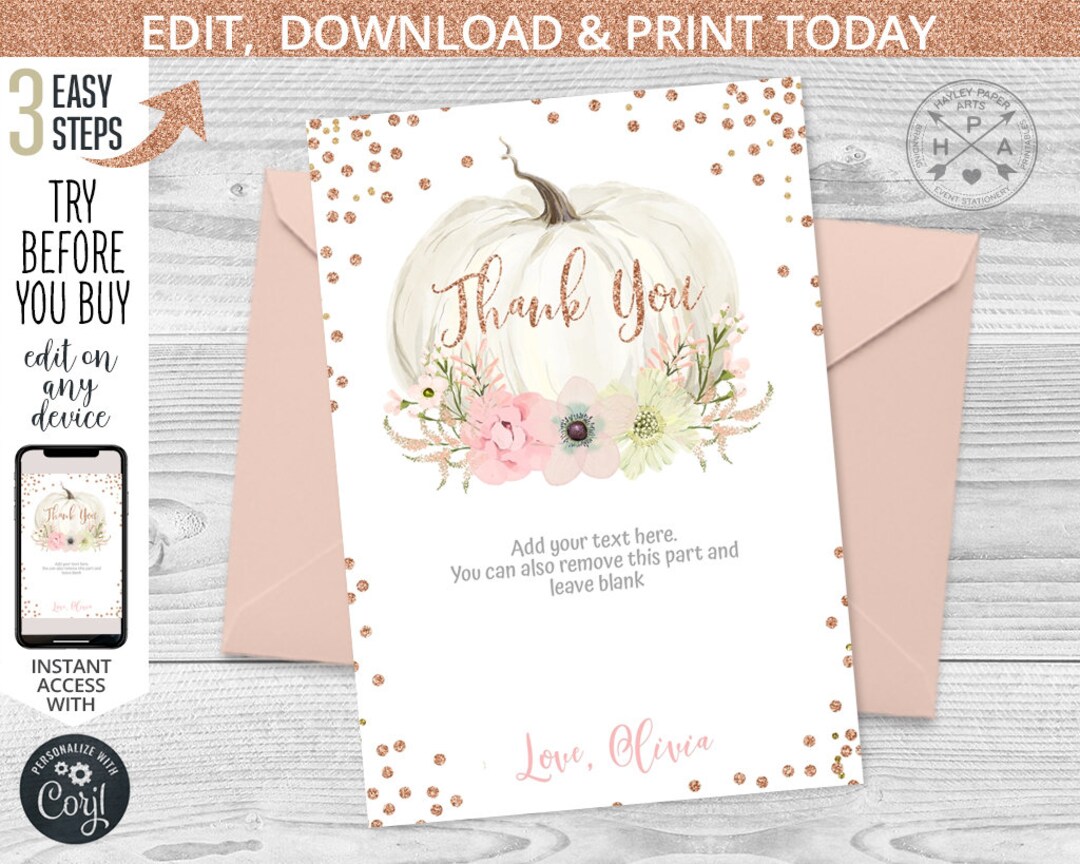 EDITABLE Pumpkin Thank You Card Rose Gold Cards Boho Pink Pastel Girl ...