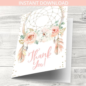Dreamcatcher biglietto di ringraziamento doccia qualsiasi festa di compleanno boho messaggio scritto a mano piegato. Download istantaneo Non modificabile 222HPA 08 122HPA 035HPA