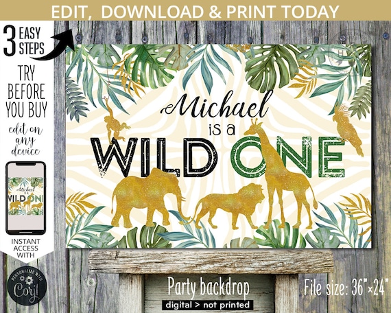 EDITABLE Jungle wild one table backdrop 36x24 1st first birthday safari gold animals board sign back drop. DIGITAL PRINTABLE. 040HPA 36 B Il_570xn