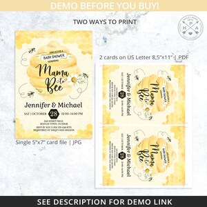May include: Baby shower invitation with a watercolor beehive design. The invitation includes the text "Mama to Bee" and event details for Jennifer & Michael. The design is available as a single 5"x7" card file or two cards on US Letter 8.5"x11" PDF.