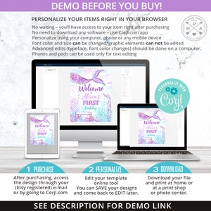 May include: A digital design template for a mermaid-themed first birthday party. The design features a purple mermaid tail, a seashell, and the text "Welcome to Alicia's First Birthday". The template can be personalized using the Corjl.com app.