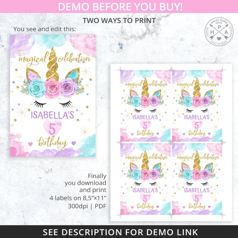 May include: Printable unicorn birthday party favor labels. The labels feature a unicorn with a gold horn, pink and blue flowers, and the text "magical celebration". The labels are designed for 8.5 x 11 inch paper and are 300 dpi.