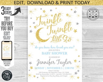 May include: Twinkle Twinkle Little Star baby shower invitation with gold glitter stars and a crescent moon on a white background. The invitation includes the date, time, and location of the event, as well as the name of the guest of honor, Jennifer Taylor.