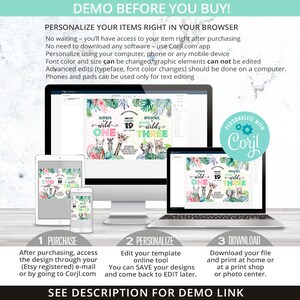 May include: A digital mockup showing how to personalize a printable invitation for a child's birthday party. The invitation features a jungle theme with a giraffe, zebra, and lion. The text on the invitation reads "Sophia turns one" and "Michael turns three". The invitation is available for purchase and customization through Corjl.com.