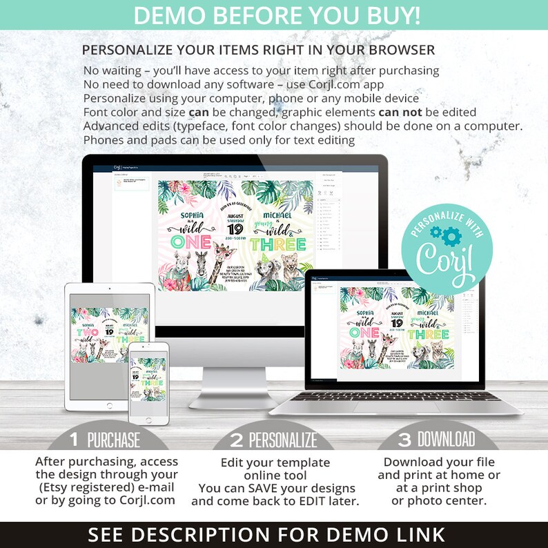 May include: A digital mockup showing how to personalize a printable invitation for a child's birthday party. The invitation features a jungle theme with a giraffe, zebra, and lion. The text on the invitation reads "Sophia turns one" and "Michael turns three". The invitation is available for purchase and customization through Corjl.com.