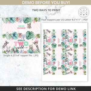 May include: Printable party favor toppers for a two-year-old's birthday party. The toppers feature a jungle theme with a pink and green color scheme. The text on the toppers says "Harley's Two Wild".