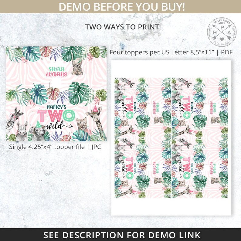 May include: Printable party favor toppers for a two-year-old's birthday party. The toppers feature a jungle theme with a pink and green color scheme. The text on the toppers says "Harley's Two Wild".