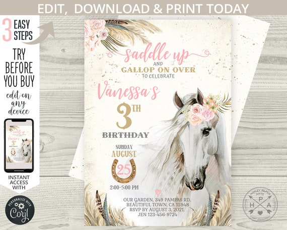 Horse cowgirl birthday invitation party floral girl pony watercolor saddle up white horse invite. Printable editable template. 176HPA 09 Il_570xn