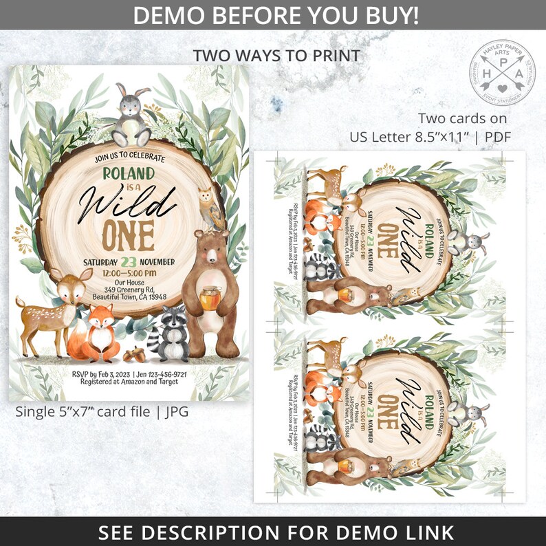 May include: A woodland-themed first birthday invitation featuring a brown bear, raccoon, fox, deer, and owl surrounding a tree trunk with the text "Join us to celebrate Roland is a Wild One" and "Saturday 23 November 12:00-5:00 PM". The invitation is available in two sizes: 5x7 inches and 8.5x11 inches.