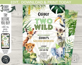 Jungle safari Two Wild birthday invitation boy second 2nd little party animals greenery lion elephant giraffe. Editable printable. 241HPA 03