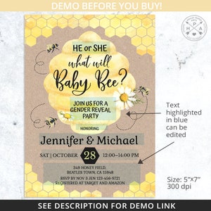 BUNDLE What will baby bee gender reveal shower party invitation little honey bumble bee yellow invite raffle. Editable template. 049HPA 15 image 3