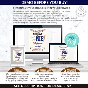 May include: A digital mockup of a baseball-themed birthday party invitation. The invitation features a red, white, and blue baseball with the text "Michael's is One!" and "Welcome to the party!" The invitation is displayed on a computer screen, a tablet, and a smartphone. The text "Personalize with Corjl" is displayed on a blue circle with a gear icon.