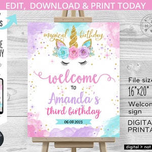 Unicorn welcome sign any age 1st magical first birthday board. One poster sign purple pink aqua chalkboard. Editable printable. 046HPA 18 A