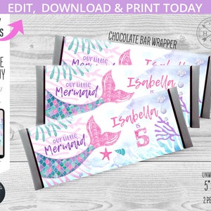 Mermaid chocolate bar wrapper pink tail birthday celebration candy label party any age. Editable template. Instant download. 060HPA 16 B