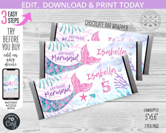 Mermaid chocolate bar wrapper pink tail birthday celebration candy label party any age. Editable template. Instant download. 060HPA 16 B Il_570xn