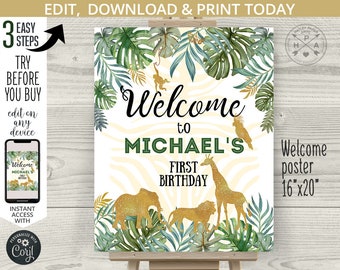 EDYTOWALNY plakat powitalny Jungle 1. pierwsze urodziny. Safari zwierzęta dzikie jedna tablica słoń złoty znak edytowalny szablon. 040HPA 16 B