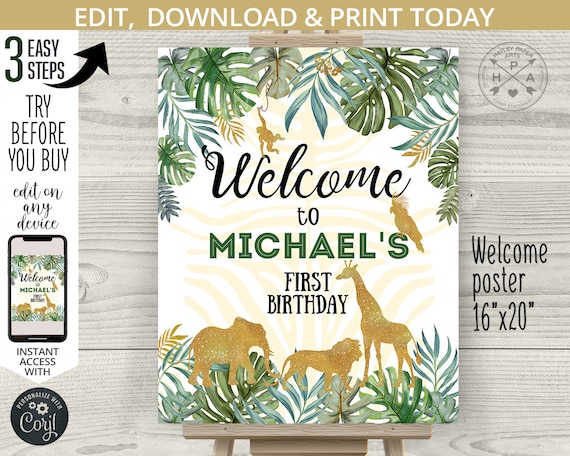EDITABLE Jungle welcome poster sign 1st first birthday. Safari animals wild one board elephant gold sign editable template. 040HPA 16 B Il_570xn