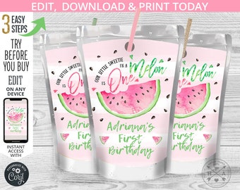 One in a melon juice bag label, juice bag labels, watermelon juice pouch, pink green box, first birthday party editable template. 050HPA 19