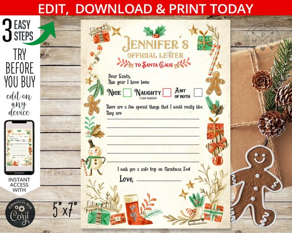 Letter to Santa, Christmas card. Kids letter. Holiday activity North Pole mail Santa Claus Gifts wishes card. Editable printable 205HPA 02 D Il_570xn