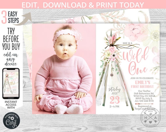 TeePee boho wild one invitation, first birthday 1st party pink pastel gold bohemian chic tee pee tent invite. Editable template. 107HPA 11 Il_570xn