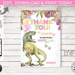 Drie Rex dinosaurus bedankkaart dankkaarten dino derde meisje verjaardag T-Rex dino-mijt 3,5"x5" feest. Bewerkbare afdrukbare. 137HPA 15 A