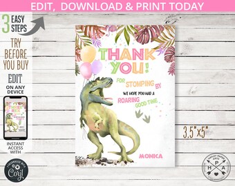 Three Rex dinosaur thank you card thanks cards dino third girl birthday T-Rex dino-mite 3.5"x5" party. Editable printable. 137HPA 15 A