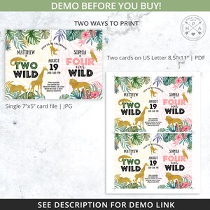 May include: Two birthday party invitation designs. One is a single 7"x5" card file in JPG format. The other is two cards on US Letter 8.5"x11" PDF. The invitations feature a jungle theme with gold animal illustrations and the text "Two Wild" and "Four Wild".