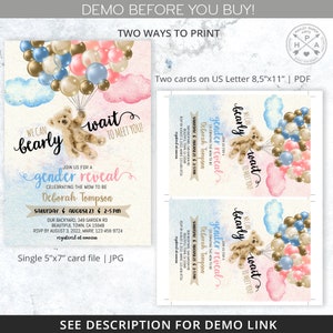 Bear gender reveal shower invitation, bearly wait hot air balloon blue pink flying vintage teddy bear balloons invite. Editable. 195HPA 03 image 4