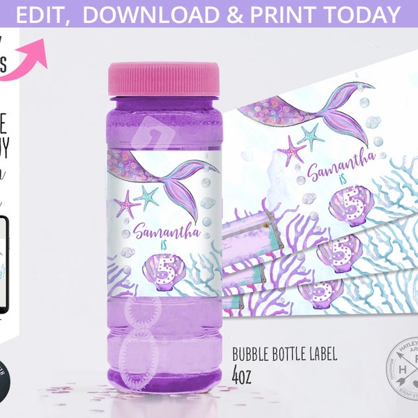 Mermaid bubble bottle label purple teal under the sea celebration birthday tail lilac mint girl party. Editable printable. 198HPA 35 A