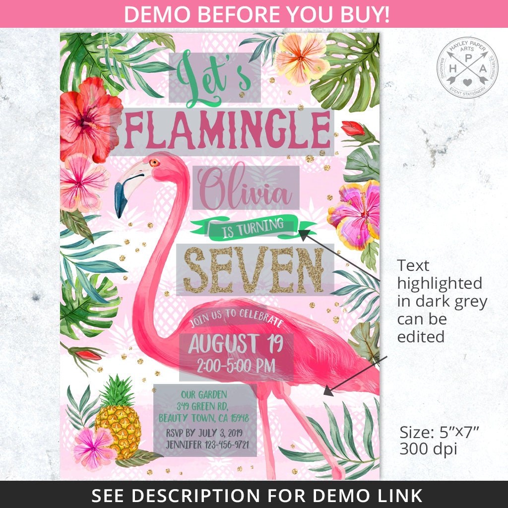 Let's Flamingle Birthday Invitation Flamingo Tropical Hibiscus Invite ...