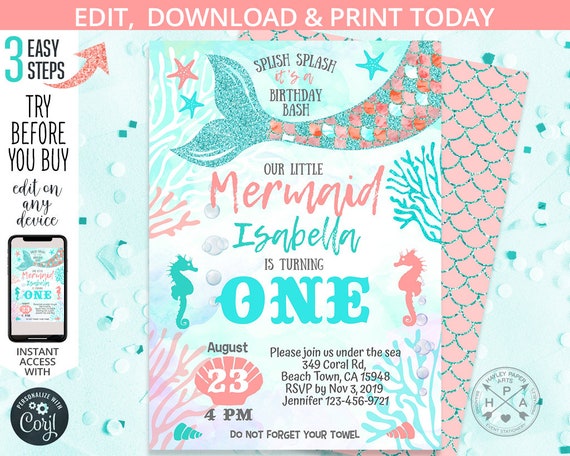 Mermaid birthday under the sea turquoise coral pink aqua mint blues invitation girl party first invitations. Editable template. 160HPA 04 Il_570xn