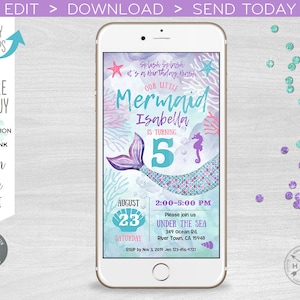 May include: A digital invitation for a little mermaid's 5th birthday party. The invitation features a purple mermaid tail with glitter, a turquoise number 5, and the text "Splish Splash it's a Birthday Bash, Our Little Mermaid Isabella is turning 5". The invitation also includes the date, time, and location of the party.