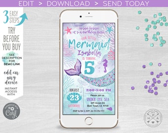 Mermaid electronic birthday under sea invitation smartphone e-vite purple aqua digital invite. Online virtual invite. 400HPA E060 01 060HPA